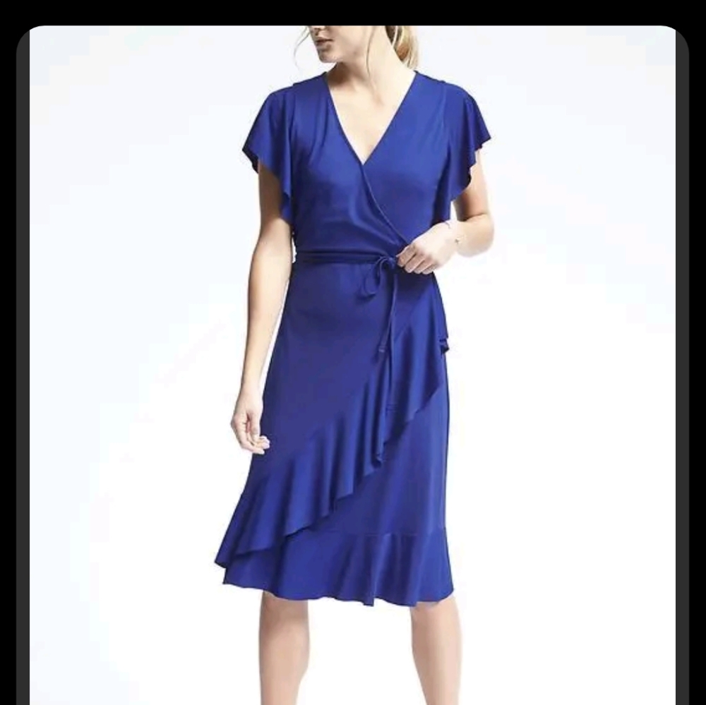 Banana Republic Blue Wrap Flounce Dress Women's Small Tall ST